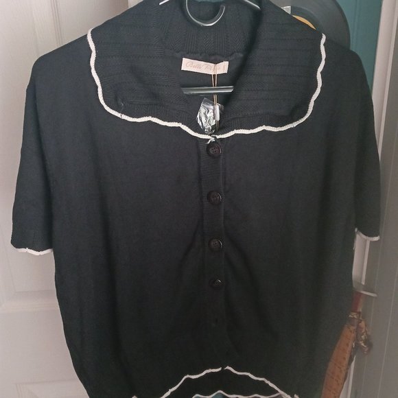 Bell Poque Short Sleeve Summer Cardigan w/ Scallop Collar & Pipiing - Picture 1 of 3